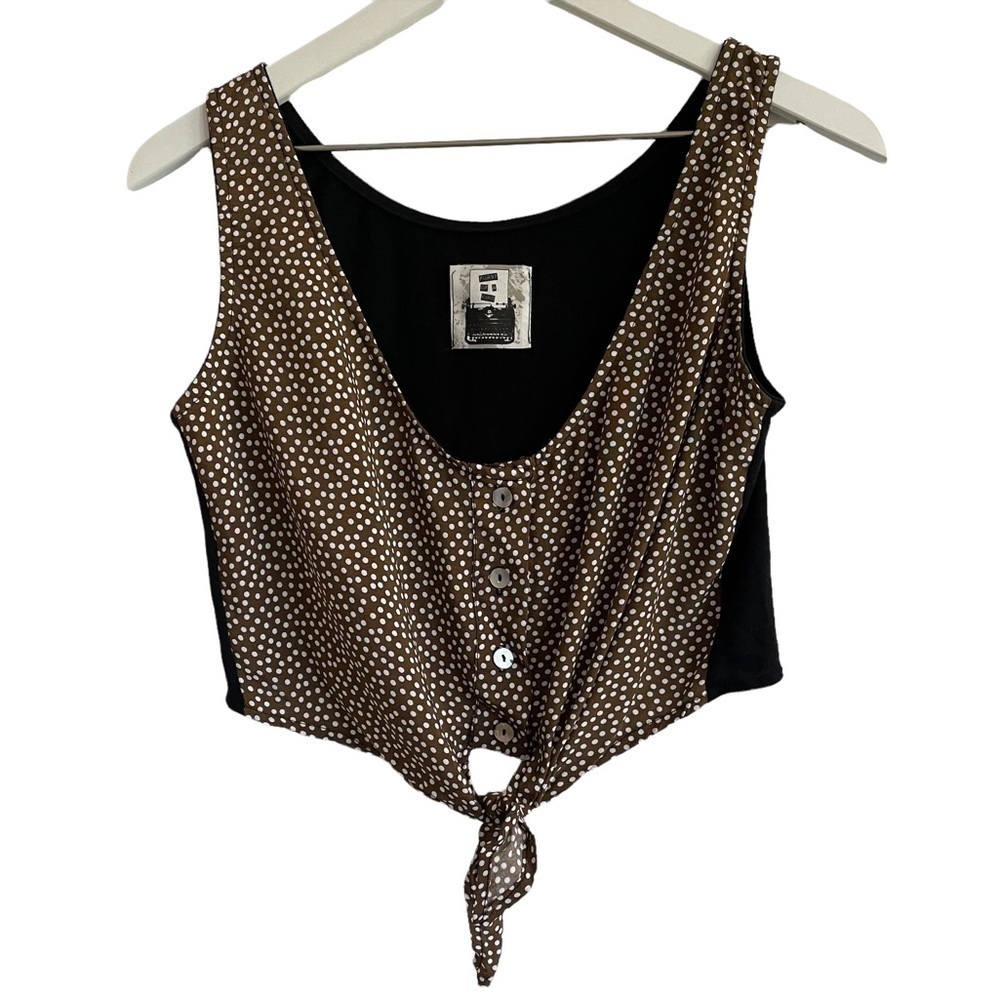 Polka Dot Tie-Front Tank Top - Brown
